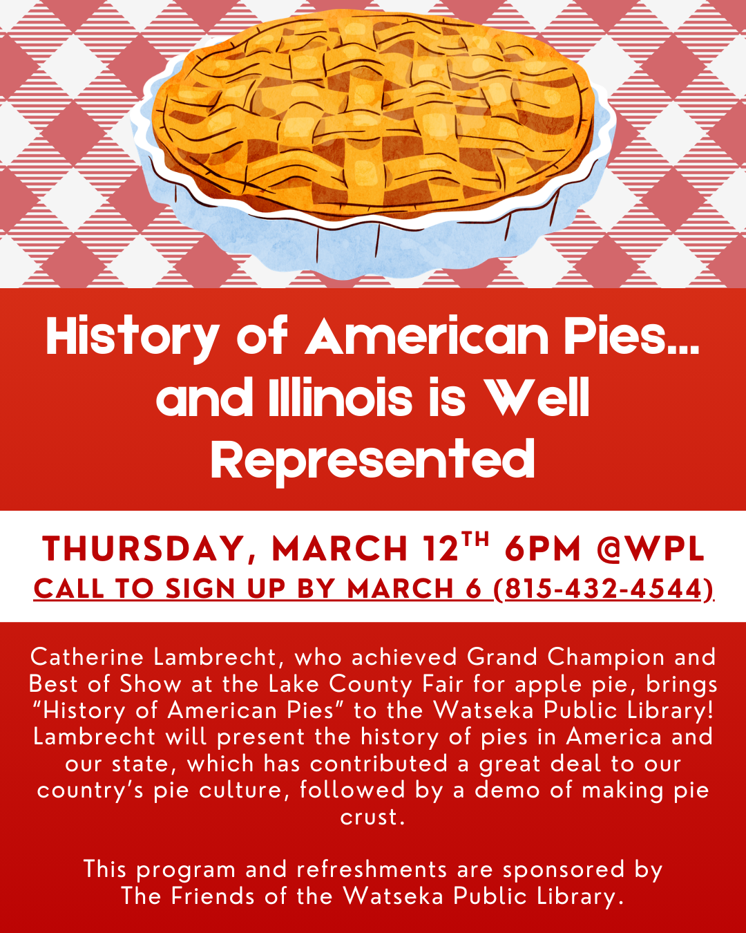 Poster for the History of American Pies event on March 12th at 6PM.